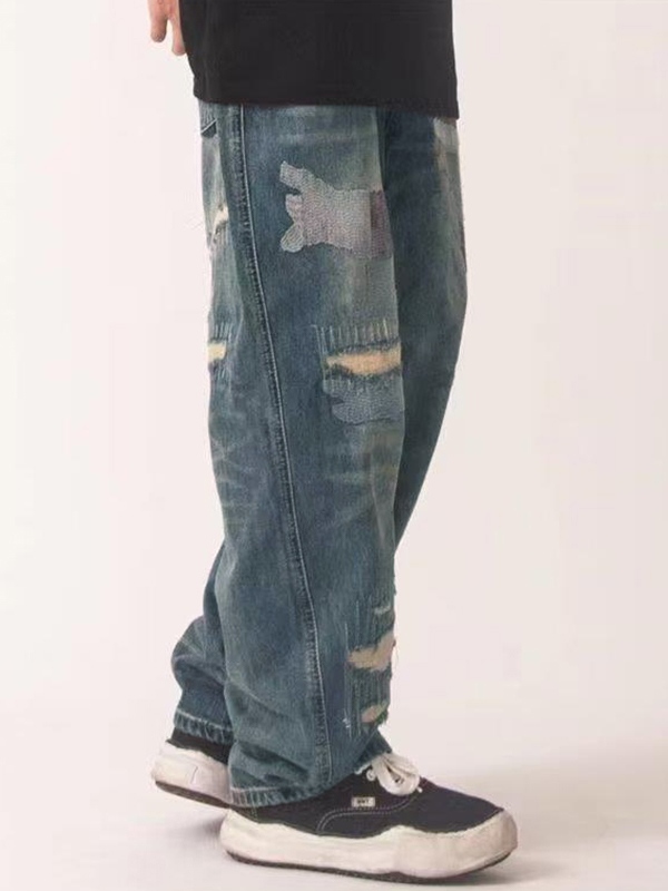 Men’s Distressed Various Patch Decor Loose Jeans