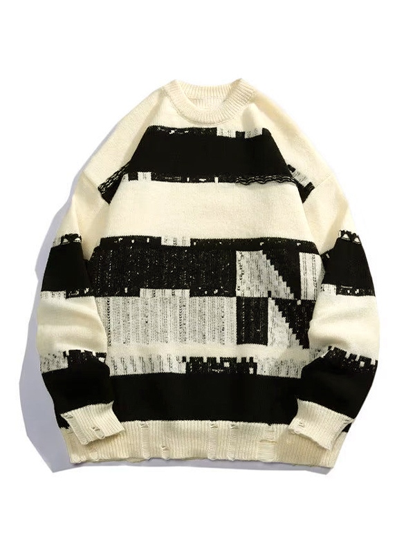 Men’s Contrast Color Tattered Irregular Design Sweater