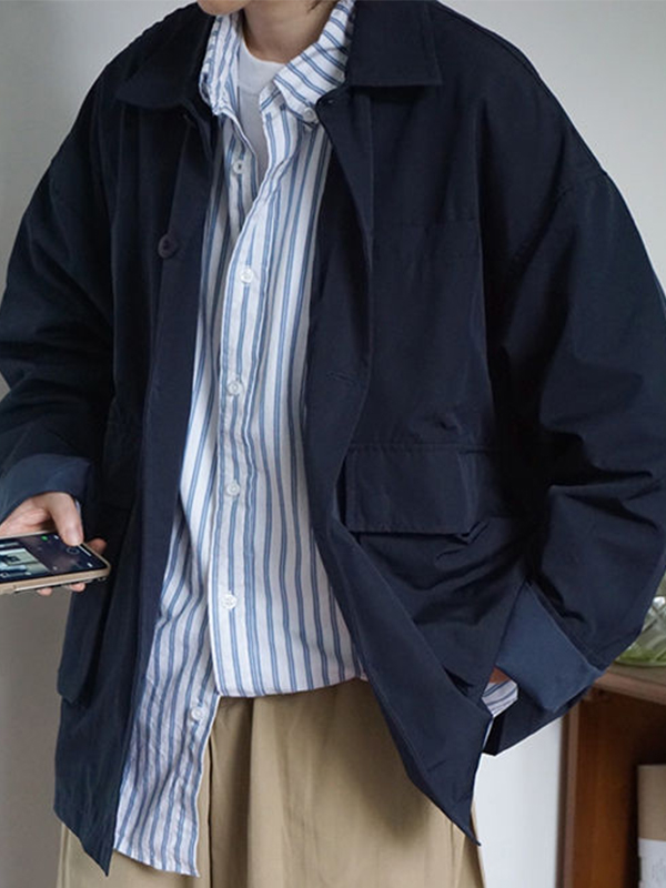 Men’s Versatile Solid Color Lapel Neck Big Pocket Jacket