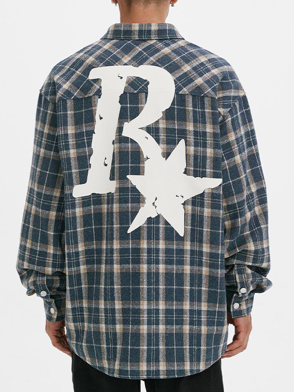 Men’s Plaid Print Embellished Long Sleeve Blouse