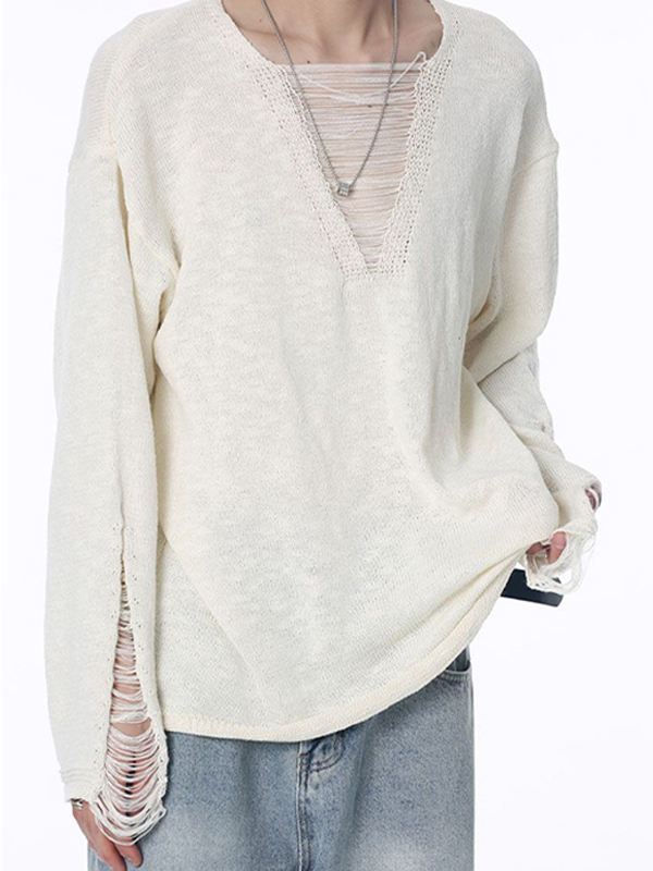 Men’s Solid Color Ripped Design Sweater