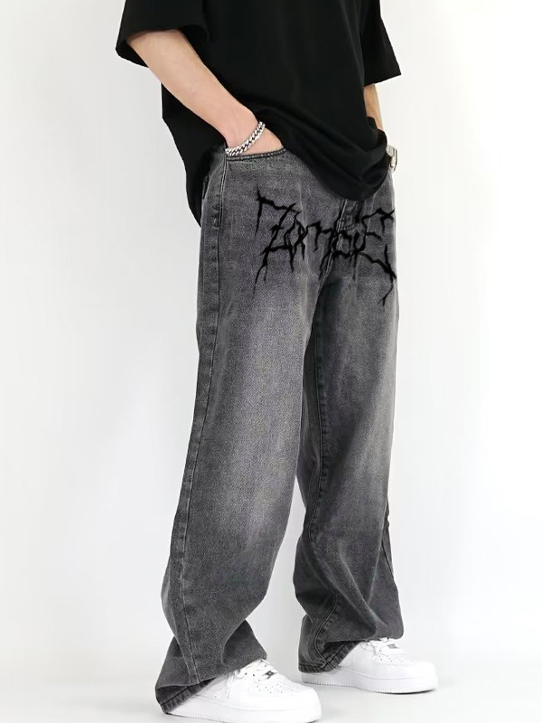 Men’s Washed Crackle Print Loose Jeans
