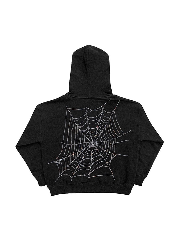 Men’s Spider Rhinestone Print Full Zip Oversized Hoodie