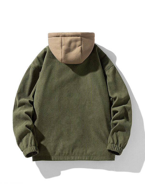 Men’s Corduroy Contrast Color Hooded Zip Up Jacket