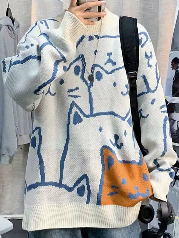 Men’s All Over Cartoon Cat Jacquard Crew Neck Sweater