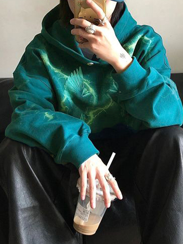 Men’s Contrast Color Pigeon Print Oversized Hoodie