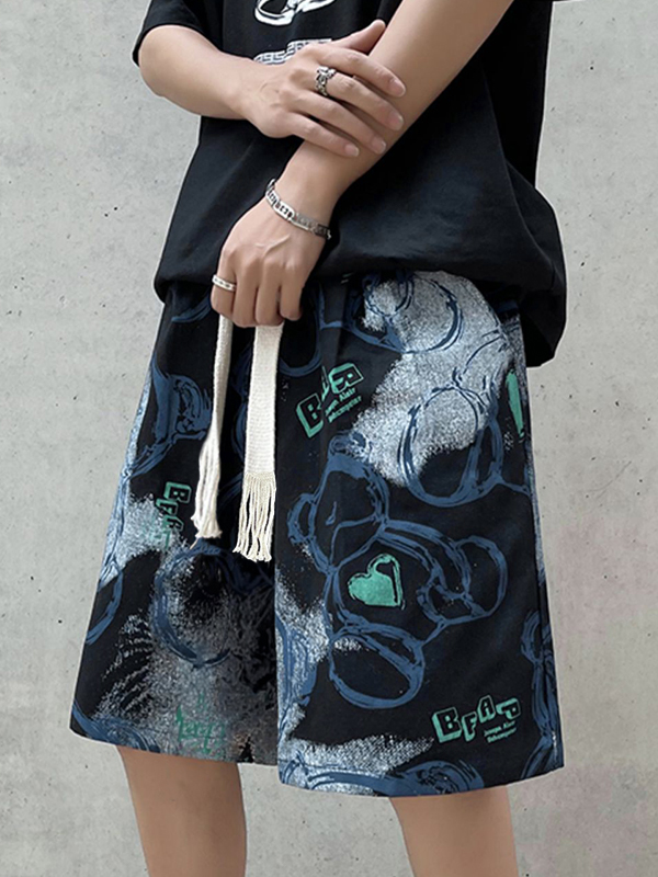Men’s Irregular Cartoon Bear Print Drawstring Shorts