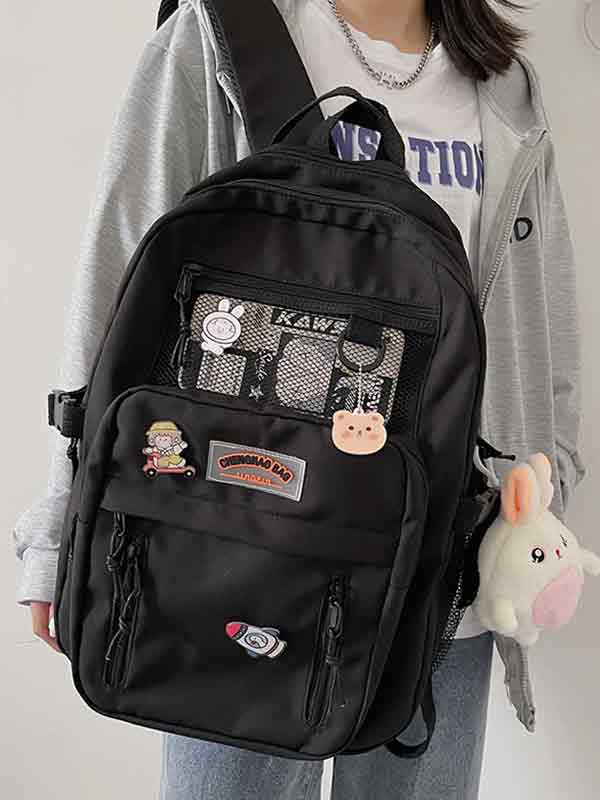 Color-Block Mesh Pocket Casual Backpack