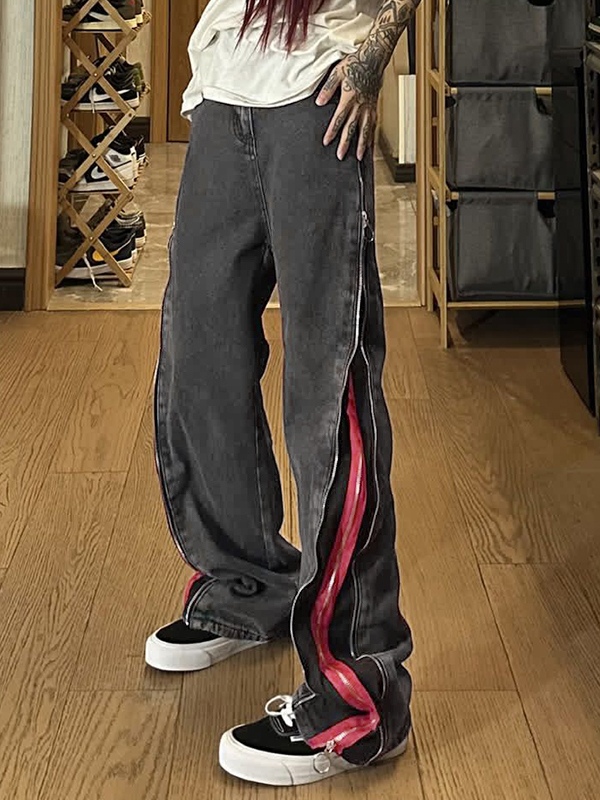 Contrast Color Side Double Zipper Boyfriend Jeans