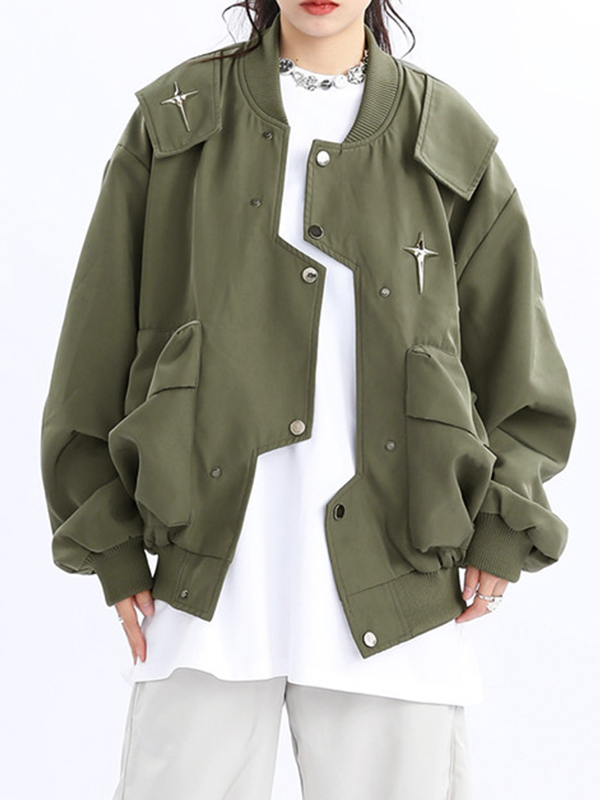 Vintage Irregular Placket Metal Star Decor Varsity Jacket