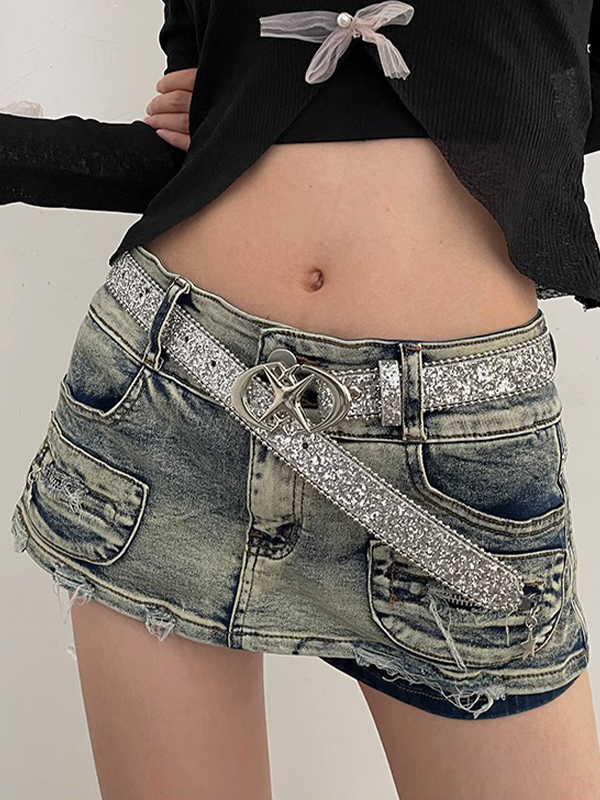 Y2K Glittering Sequin Metal Buckle Belt