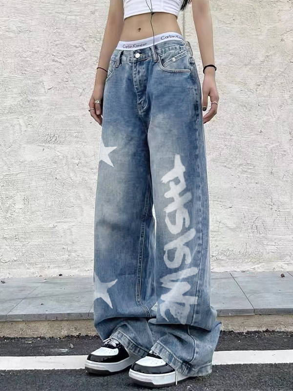 Washed Star Letter Print Boyfriend Jeans