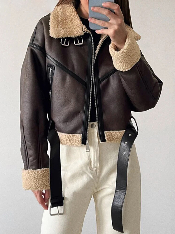 Lambswool Lined Leather Splice Short Jacket