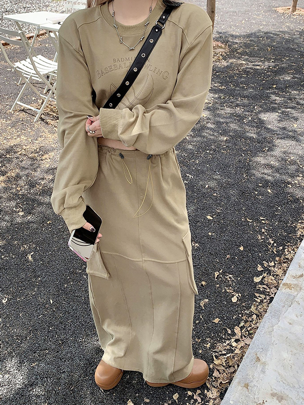 Vintage Print Short Sweatshirt&Drawstring Cargo Skirt Set