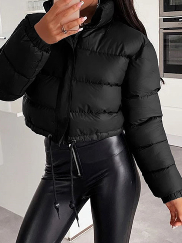 Solid Drawstring Hem Short Puffer Jacket