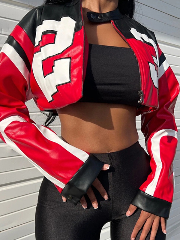 Contrast Color Letter Print Zip Up Cropped Jacket