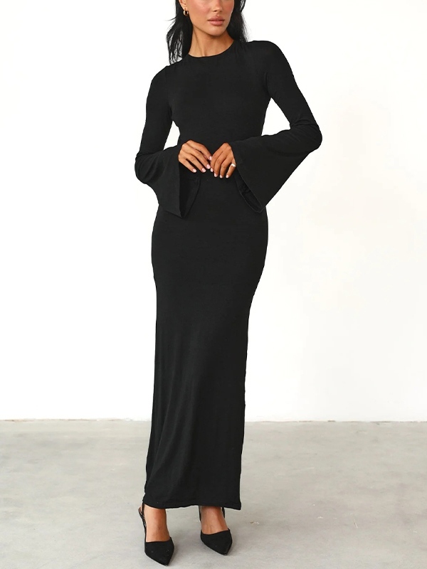 Solid Backless Trumpet Sleeve Maxi Dress