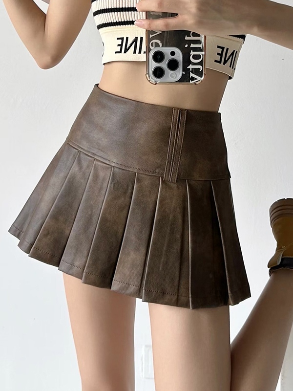 Distressed Leather Pleated High Rise Mini Skirt