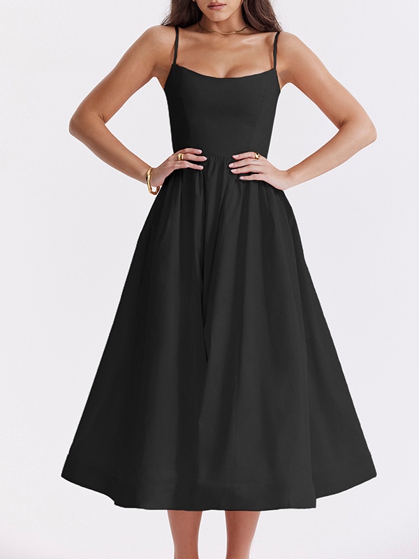 Solid Backless Cami A-line Midi Dress