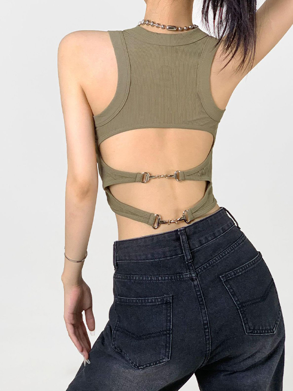 Solid Metal Buckle Backless Tank Top