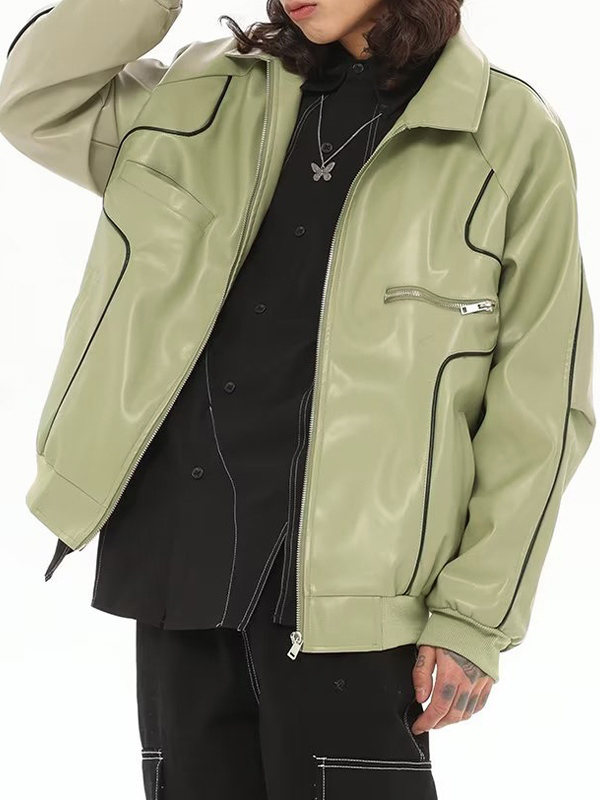 Piping Detail Zip Up Faux Leather Jacket
