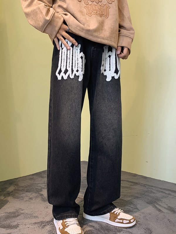 Men’s Fuzzy Letter Straight Leg Jeans
