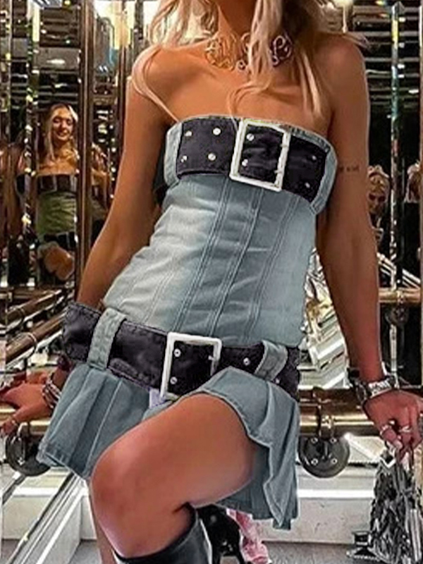Vintage Denim Belted Bandeau Pleated Mini Dress