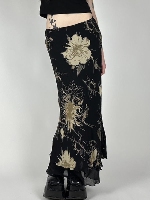 European And American Style Retro Tie-Dye Floral Print Mesh Maxi Skirts