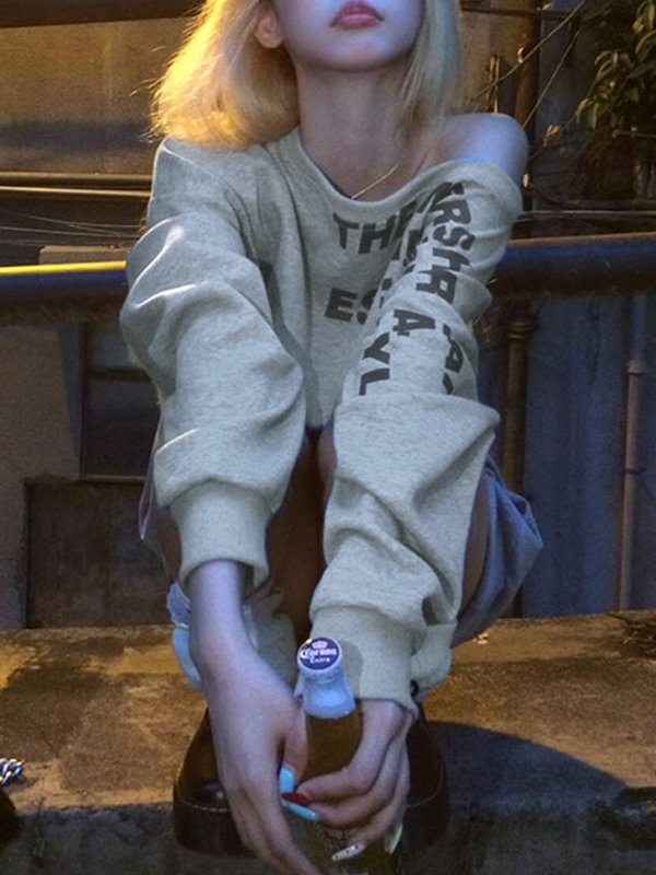 Long Sleeves With Slanted Shoulder Lettering Design Sweatshirts