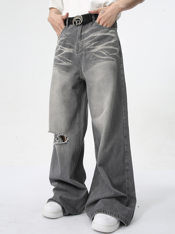 Vintage Washed Pattern Holes Loose Jeans