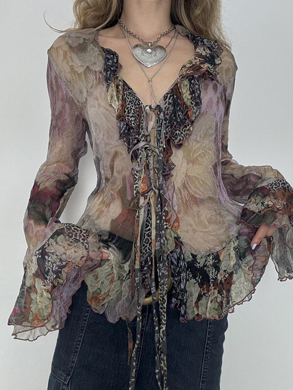 V-Neck Lace-Up Bell Sleeves Long Sleeve