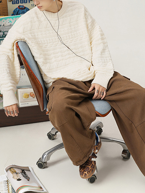 Retro Cable Textured Crew Neck Sweater