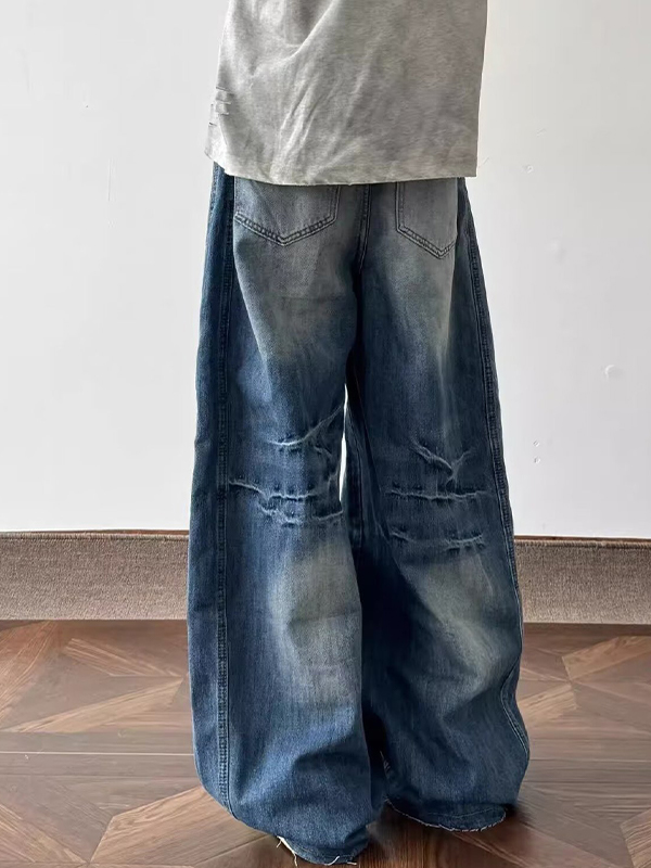 American Retro Washed Lightning Pattern Loose Jeans