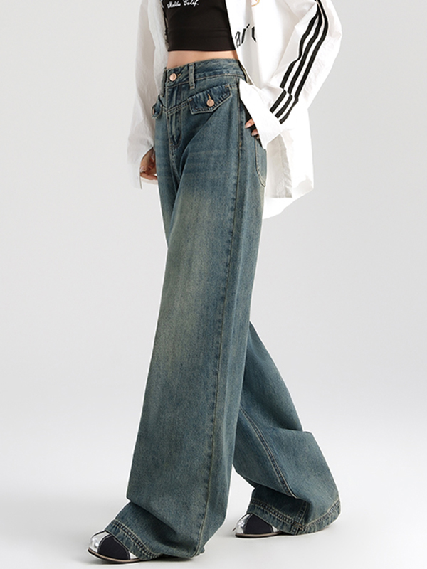 Wide Leg Draping With Pocket Design Boyfriend Jeans
