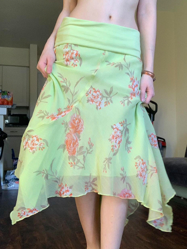 Floral Printing Mesh Maxi Skirt