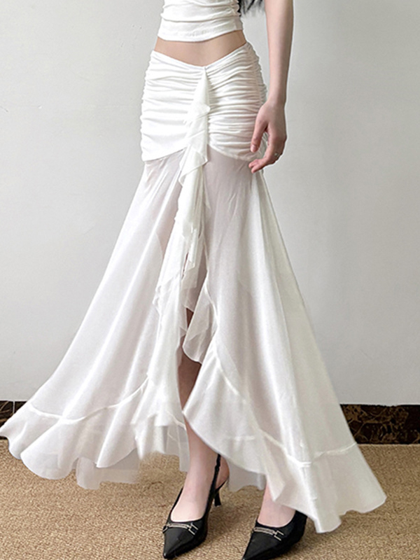 Ruffled Irregular Split Maxi Skirt