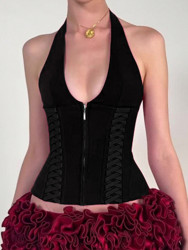 French Neck Tie Halter Vest