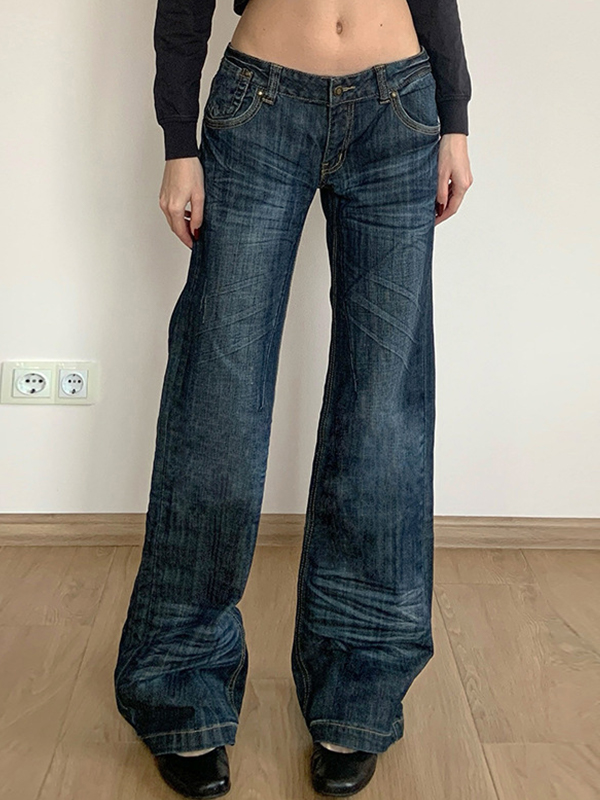Vintage Pleated Washed Loose Flare Jeans