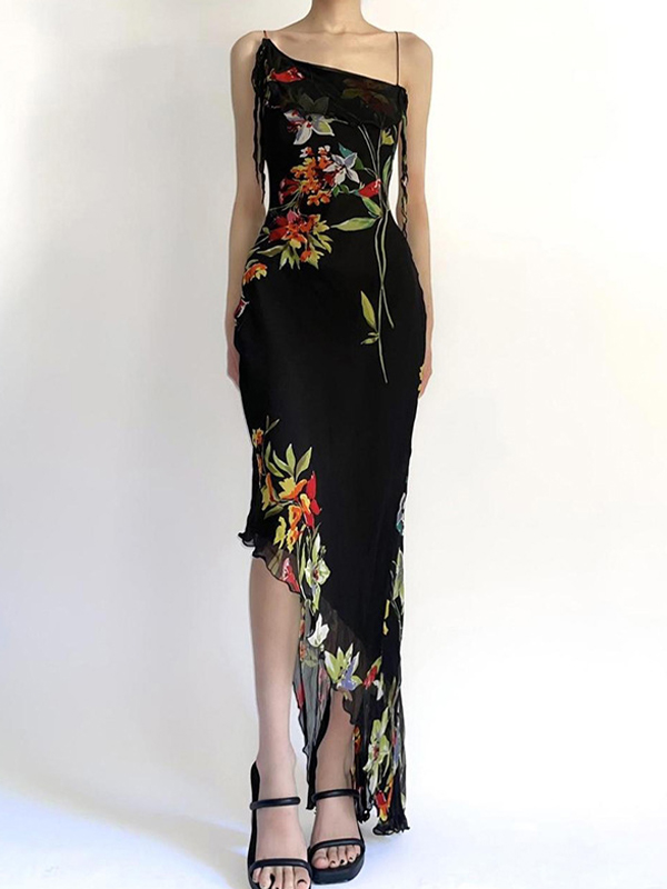 Floral Irregular Pleated Mesh Maxi Dress