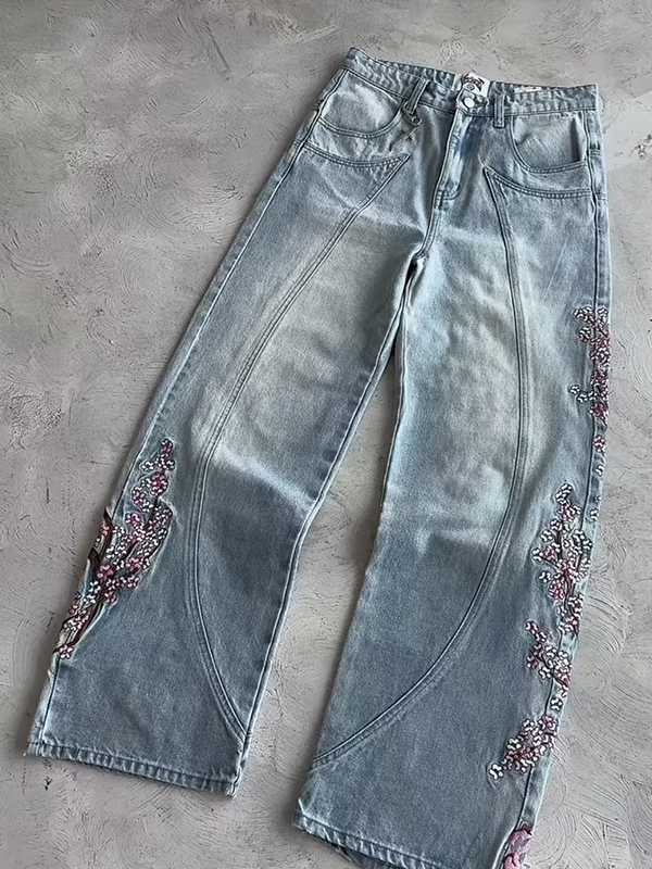 Retro Plum Blossom Embroidery Boyfriend Jeans