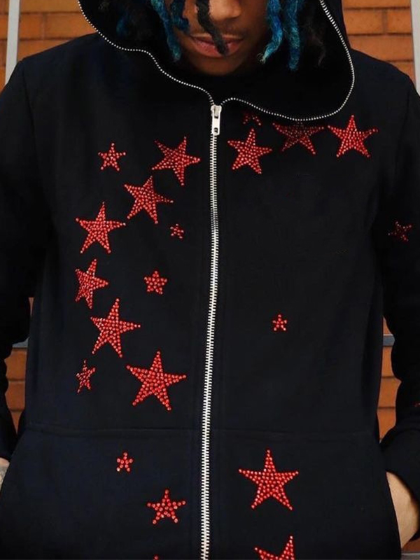 Men’s Star Rhinestone Print Zip Up Oversized Hoodie