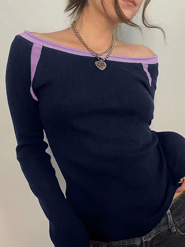 Contrast Color Off Shoulder Long Sleeve Tee
