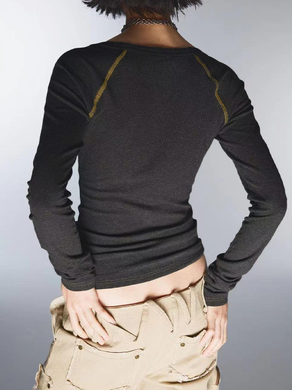 Vintage Print V Neck Breasted Long Sleeve Tee