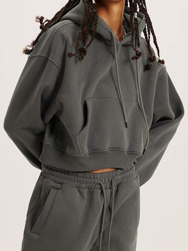 Solid Color Kangaroo Pocket Short Oversized Hoodie