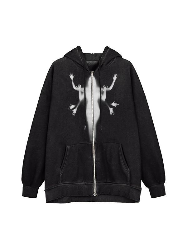 Street Character Print Zip Up Oversized Hoodie