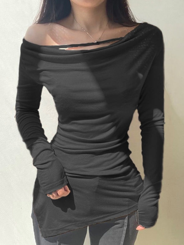 Solid Off Shoulder Irregular Slit Hem Long Sleeve Tee