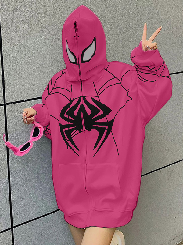 Street Spider Print Full Zip Oversized Hoodie
