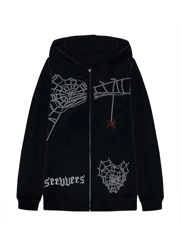 Street Spider Web Print Zip Up Oversized Hoodie