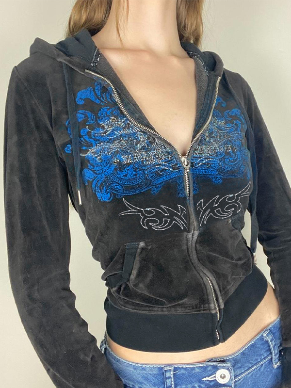Grunge Rhinestone Print Zip Up Hoodie