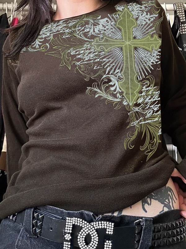 Vintage Cross Print Long Sleeve Tee